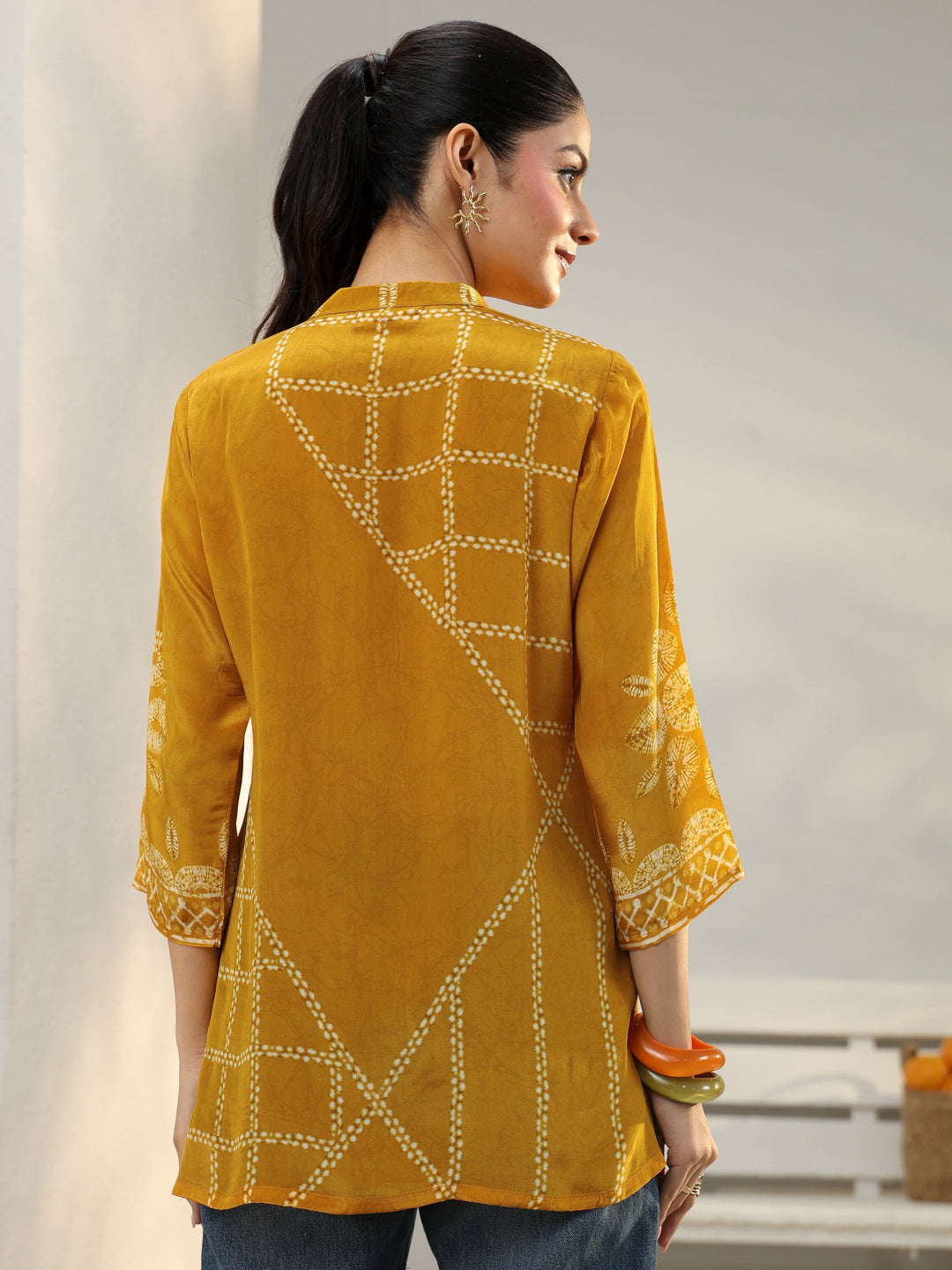 Mustard Floral Printed Crepe Straight Short Kurti