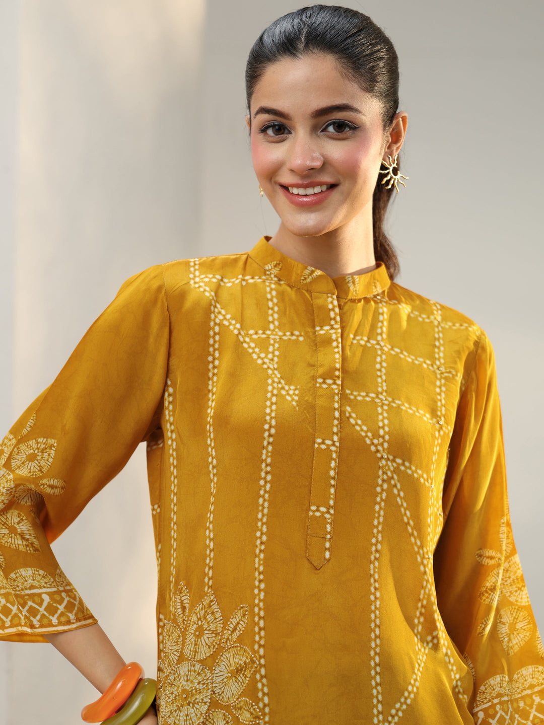 Mustard Floral Printed Crepe Straight Short Kurti