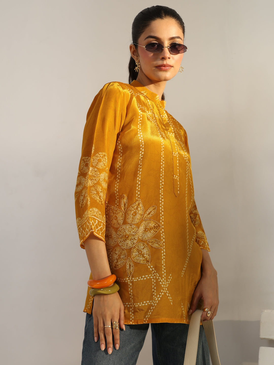 Mustard Floral Printed Crepe Straight Short Kurti
