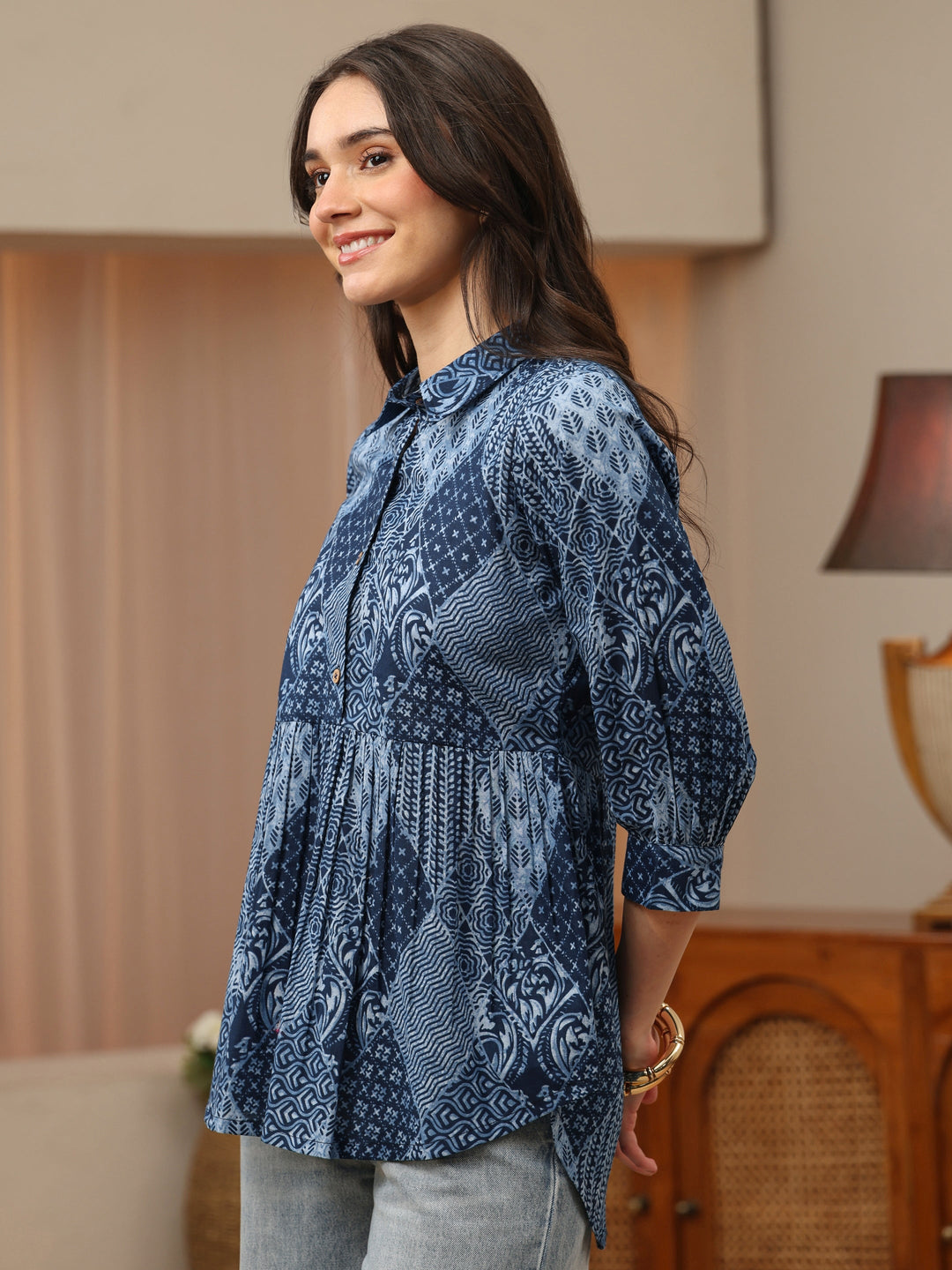 Blue Printed Cotton Shirt Style Empire Top