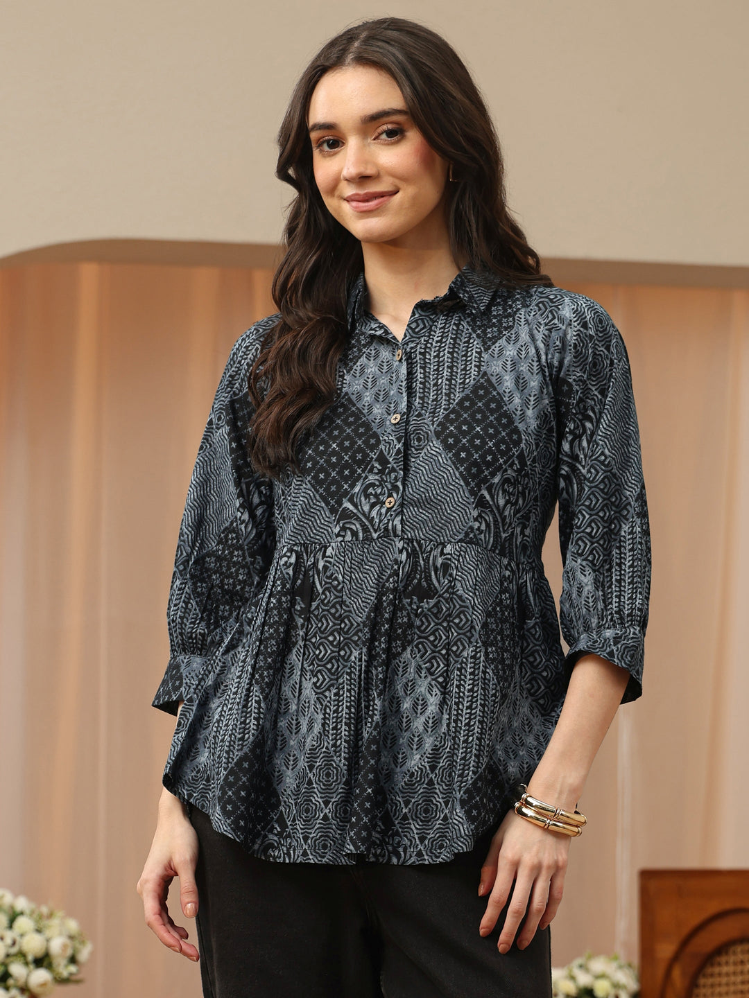 Charoacol Grey Printed Cotton Shirt Style Empire Top