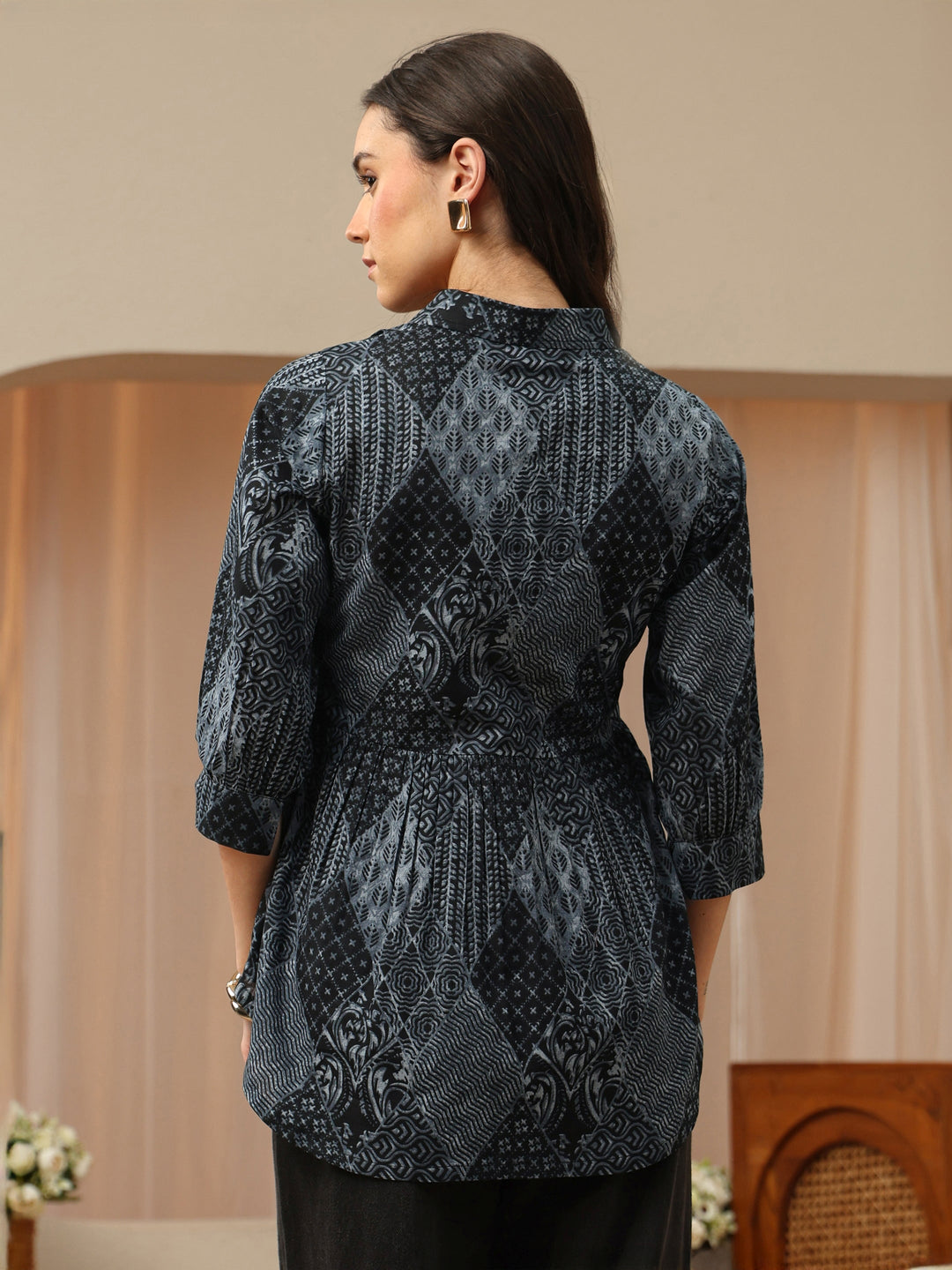 Charoacol Grey Printed Cotton Shirt Style Empire Top