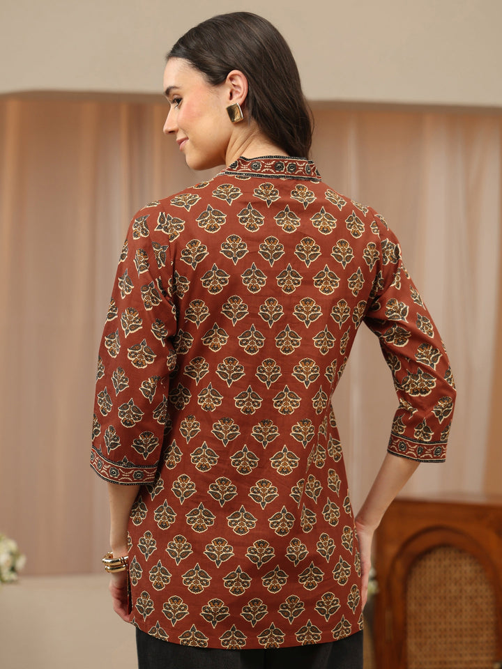 Rust Floral Printed Cotton Straight Short Kurti