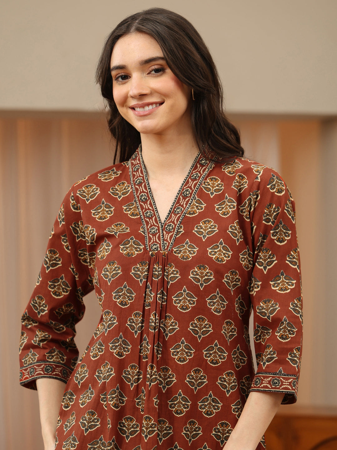 Rust Floral Printed Cotton Straight Short Kurti