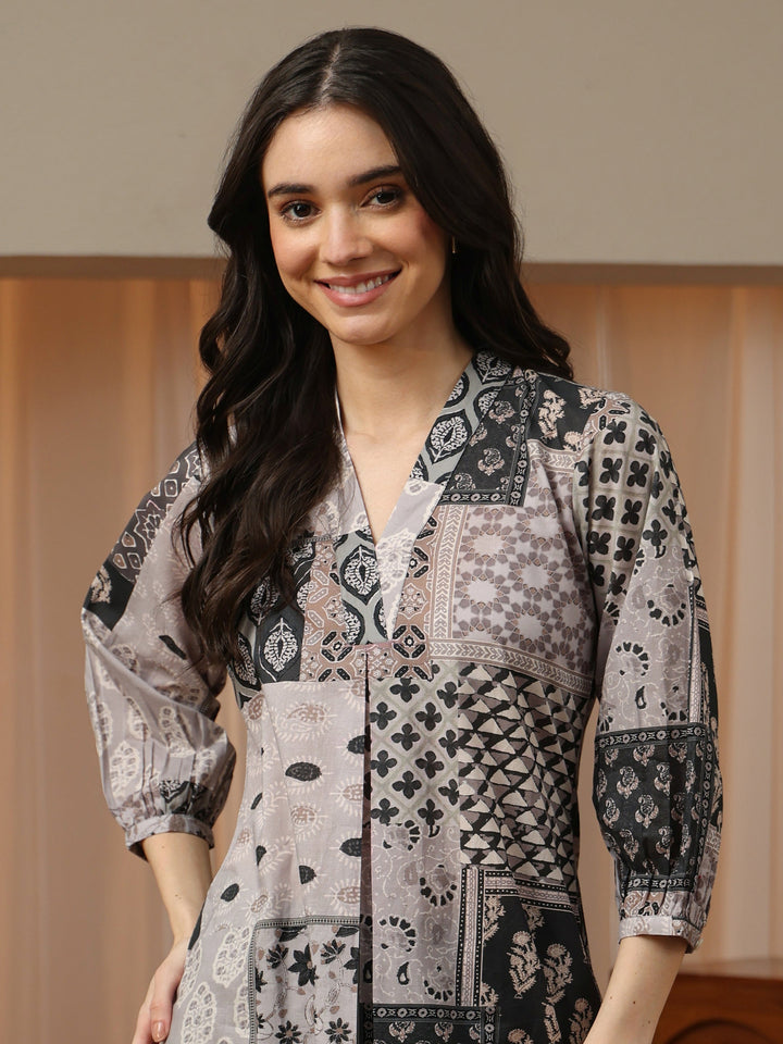 Grey Multi Print Cotton Short Kurti