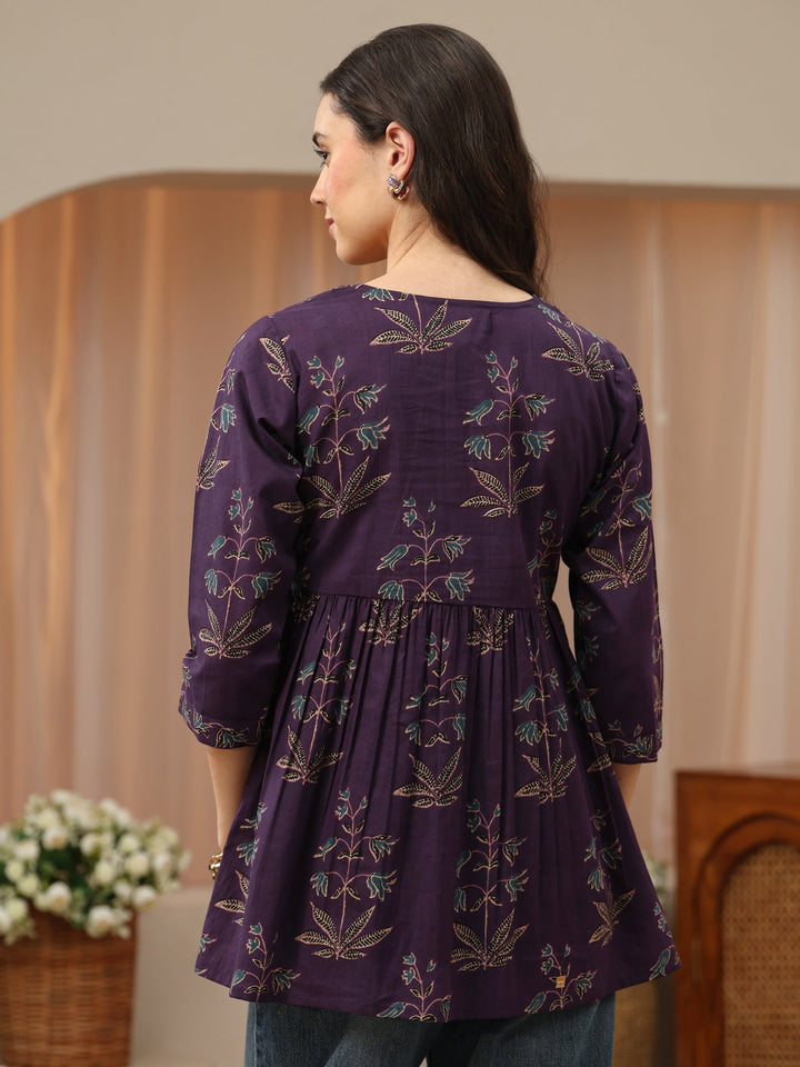 Dark Purple Printed Cotton Peplum Top