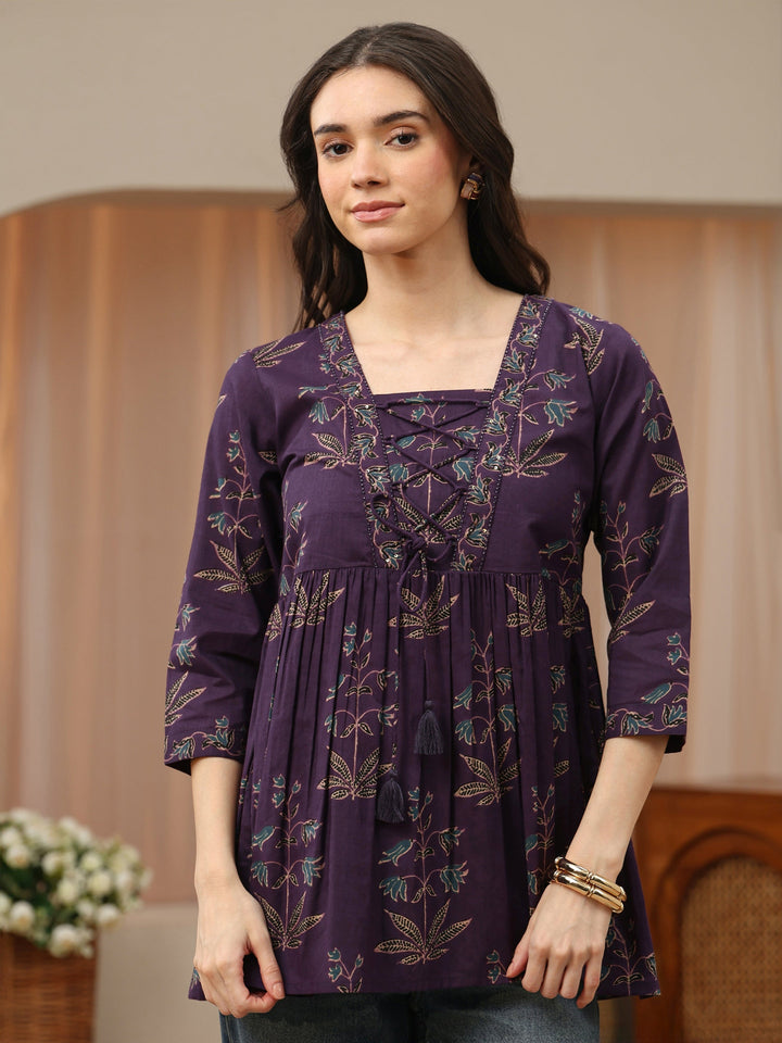 Dark Purple Printed Cotton Peplum Top