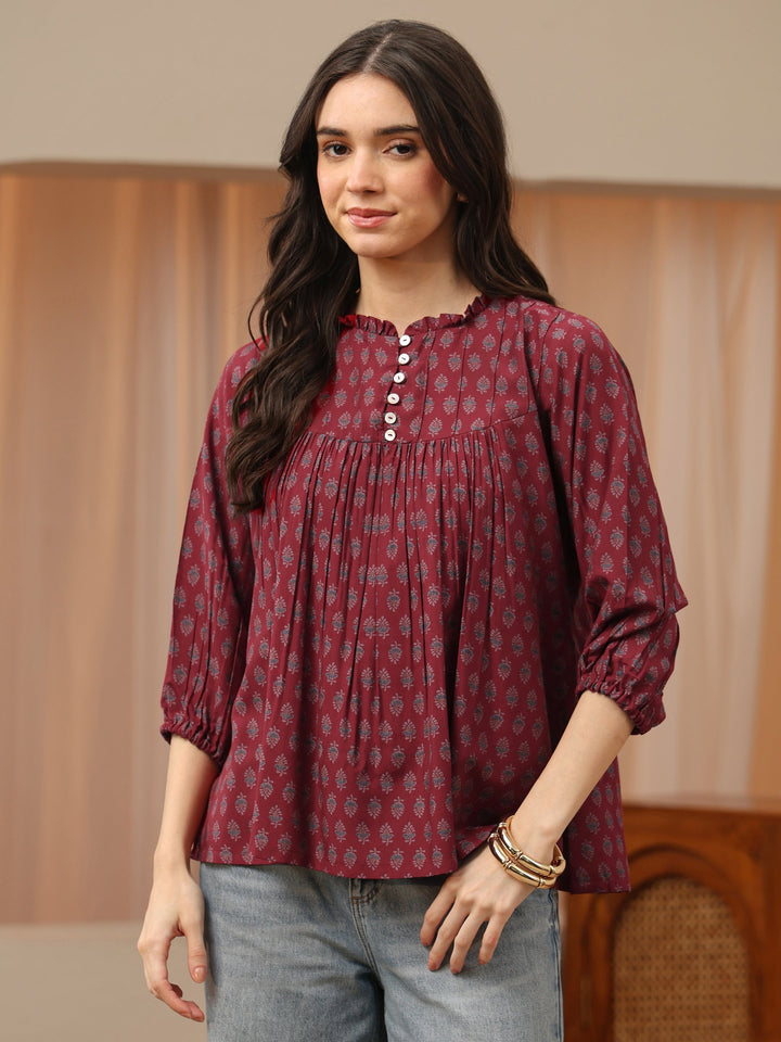 Maroon Floral Printed Silk Blend Top