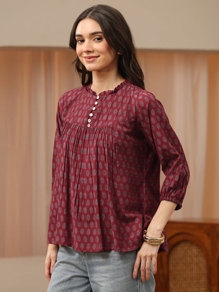 Maroon Floral Printed Silk Blend Top