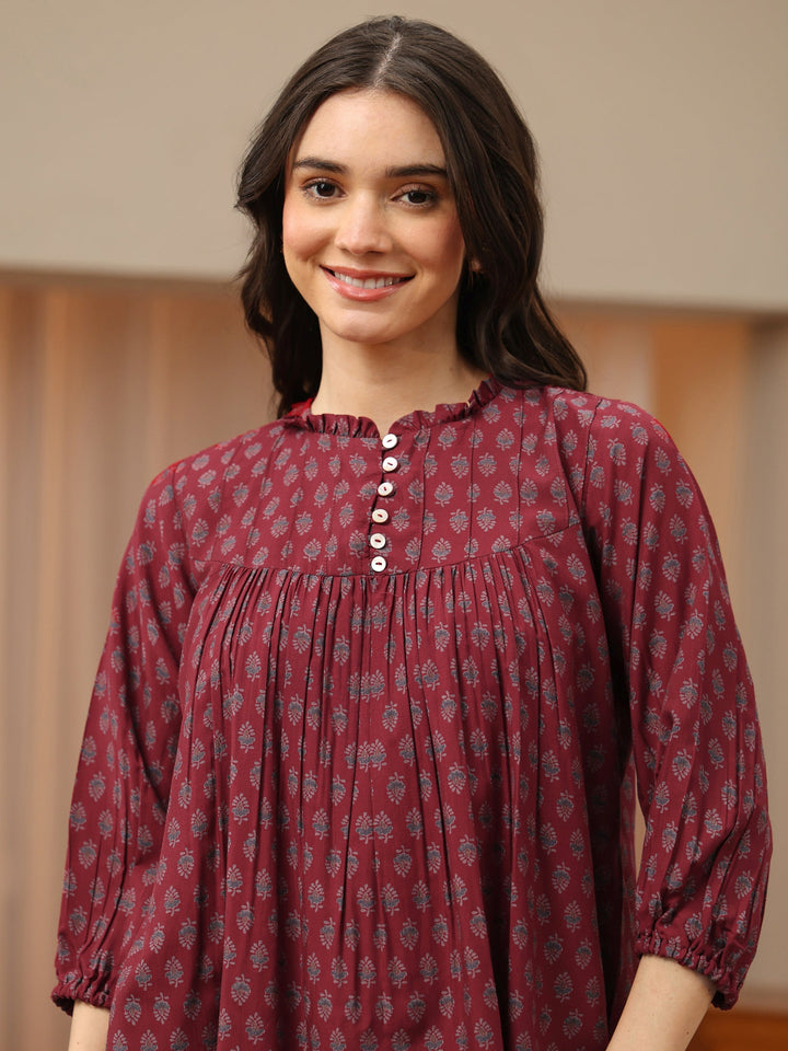 Maroon Floral Printed Silk Blend Top