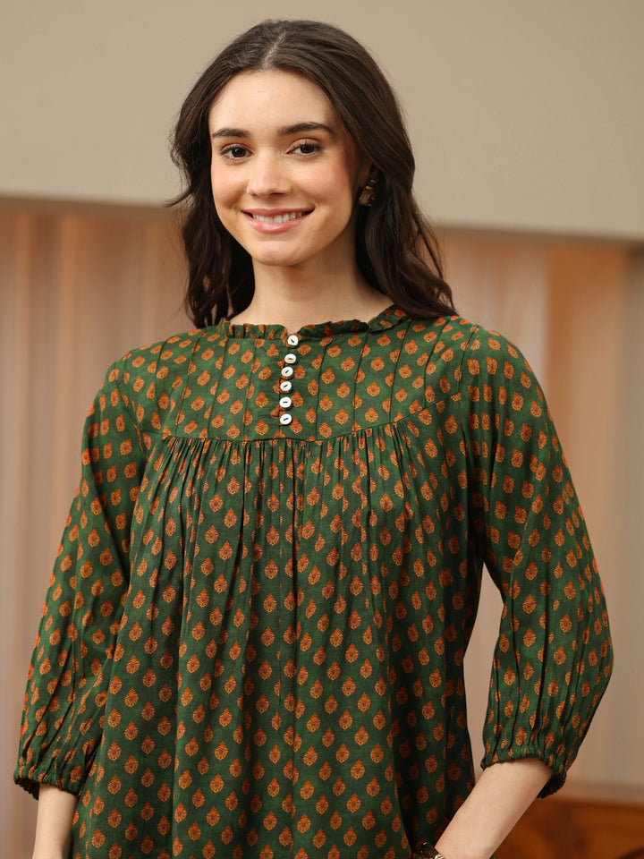 Olive Green Floral Printed Silk Blend Top
