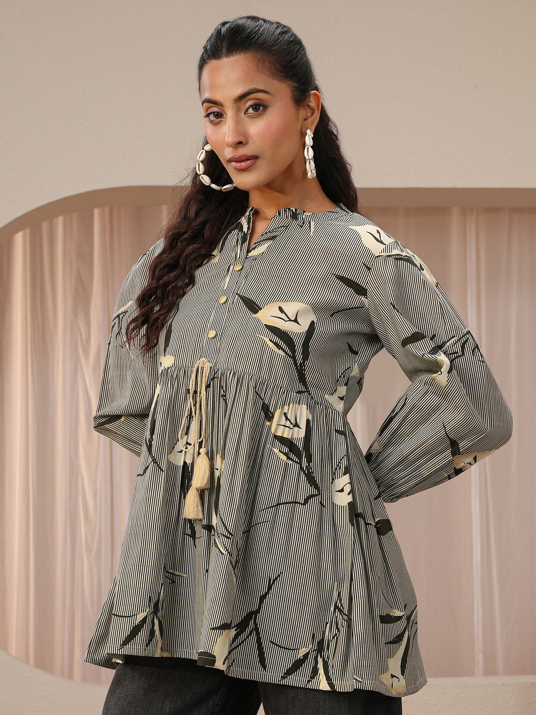 Grey Floral Printed Silk blend Empire Top
