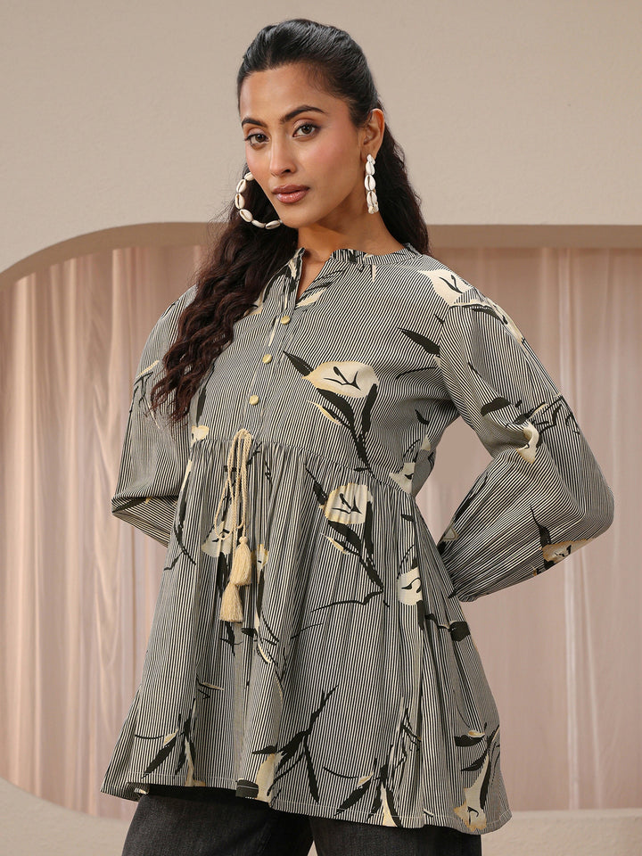 Grey Floral Printed Silk blend Empire Top