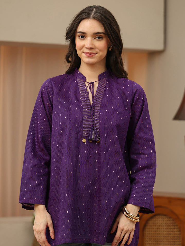 Royal Purple Woven Design Silk Blend Straight Short Kurti