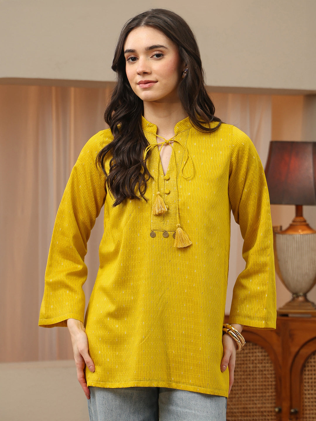 Yellow Woven Design Silk Blend Straight Short Kurti
