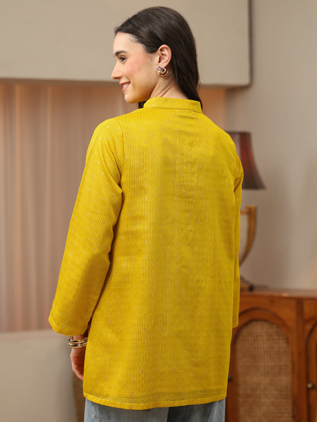 Yellow Woven Design Silk Blend Straight Short Kurti