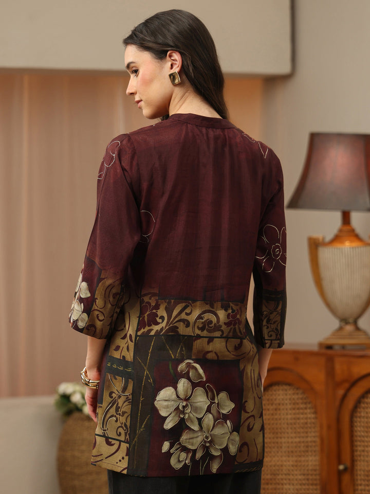 Brown Floral Printed Muslin Straight Short Kurti