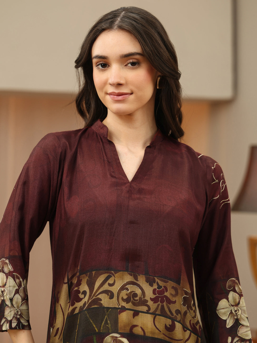 Brown Floral Printed Muslin Straight Short Kurti