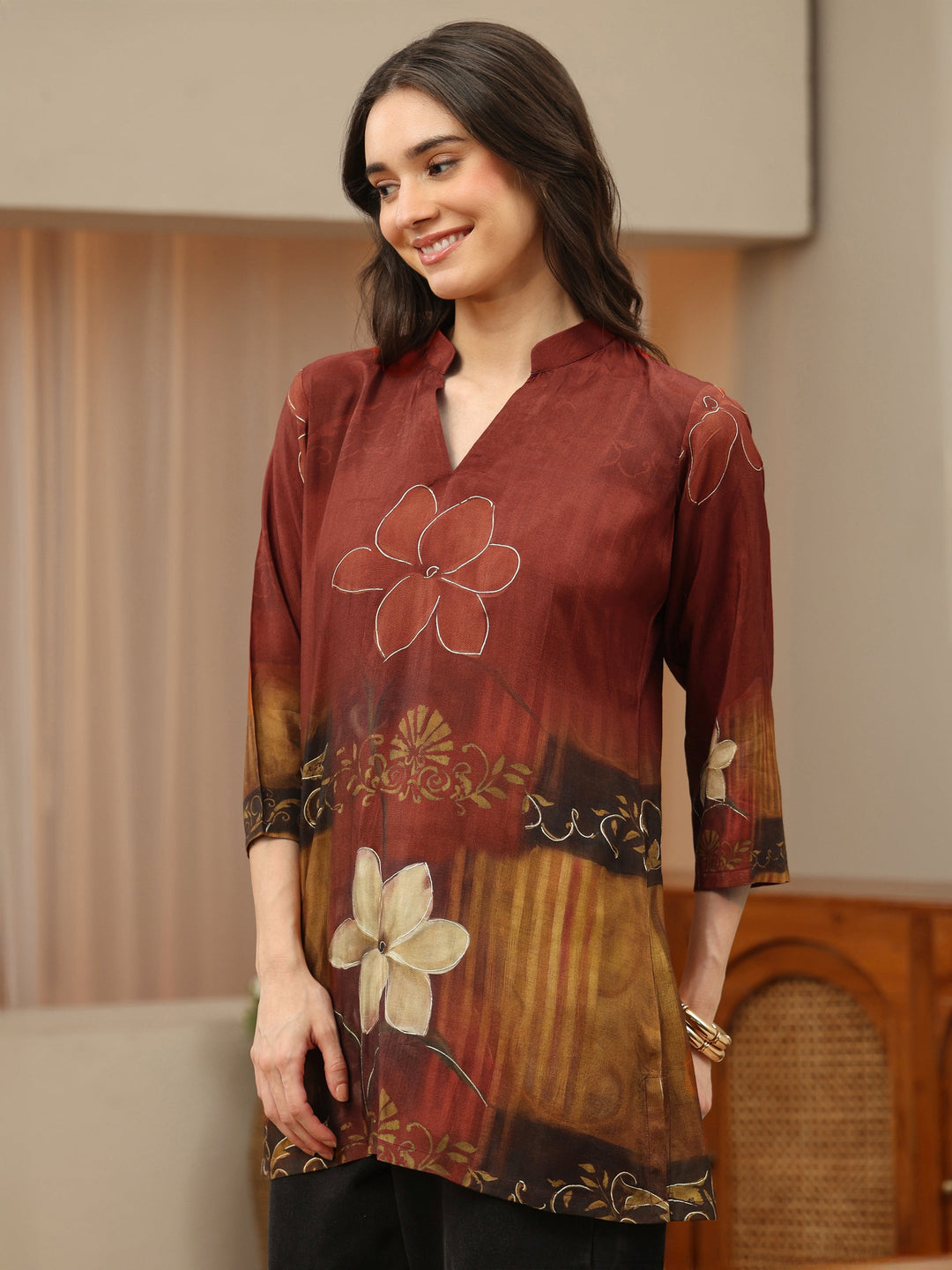 Rust Floral Printed Muslin Straight Short Kurti