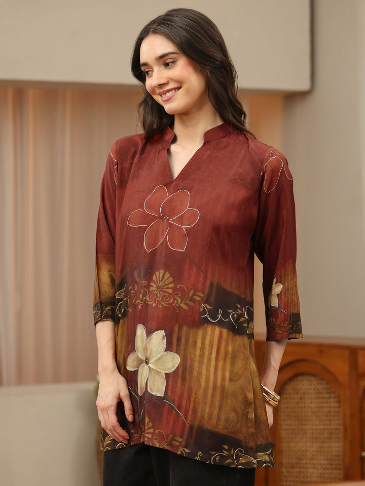 Rust Floral Printed Muslin Straight Short Kurti