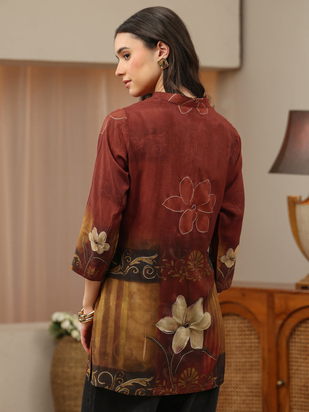 Rust Floral Printed Muslin Straight Short Kurti