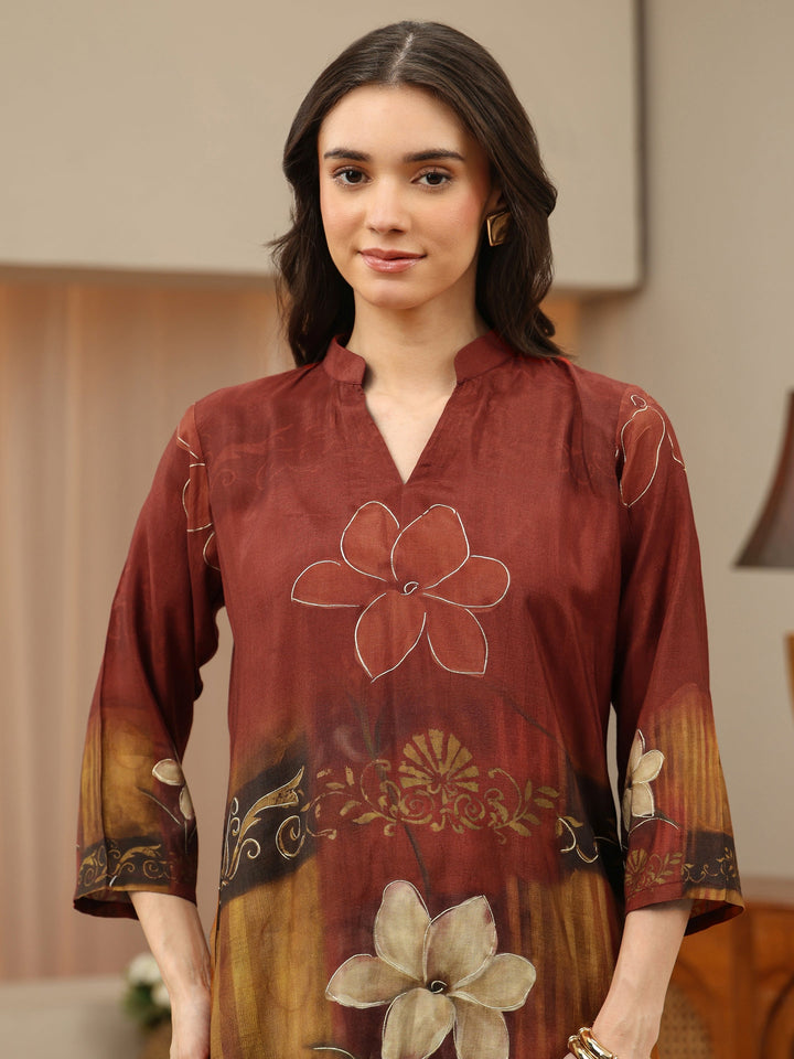 Rust Floral Printed Muslin Straight Short Kurti