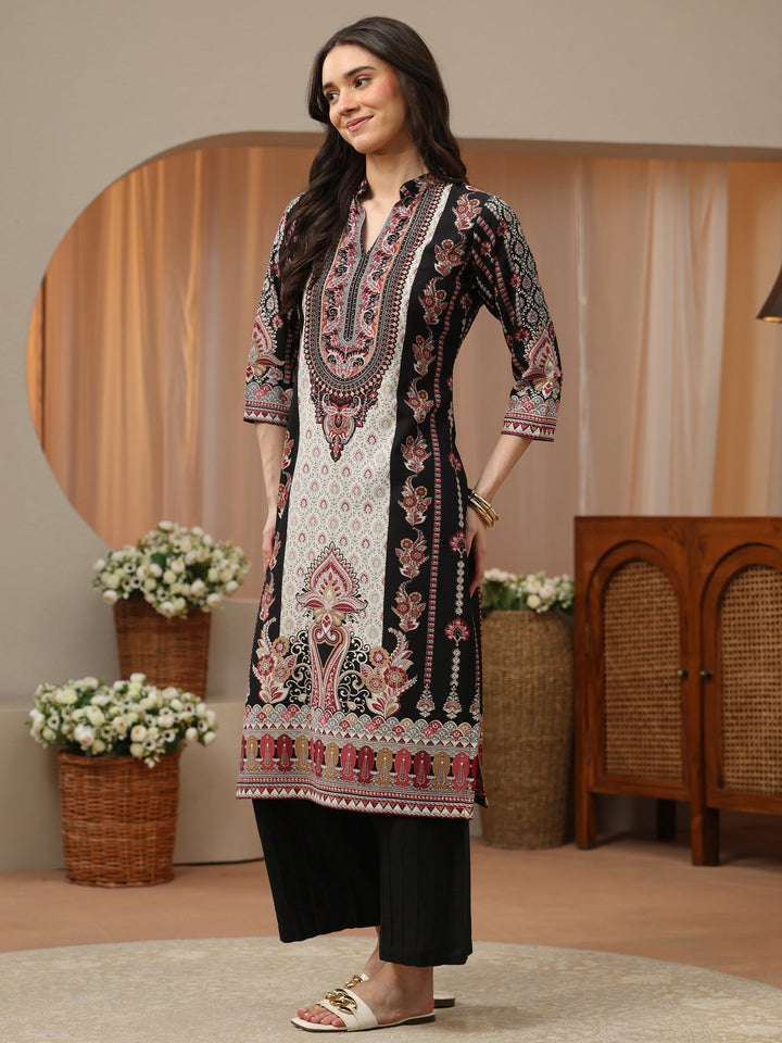 Black Floral Printed Cotton Blend Straight Kurta