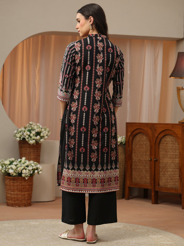 Black Floral Printed Cotton Blend Straight Kurta