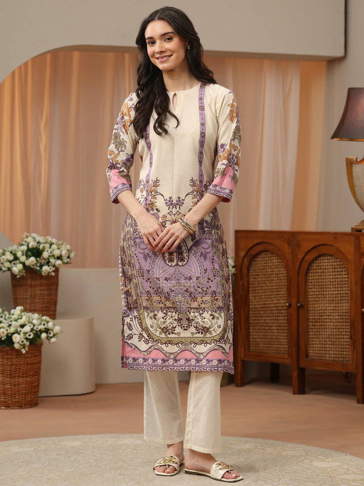 Ivory Floral Printed Cotton Blend Straight Kurta