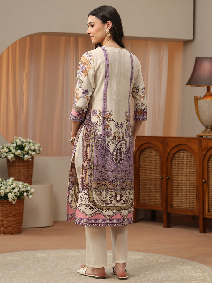 Ivory Floral Printed Cotton Blend Straight Kurta