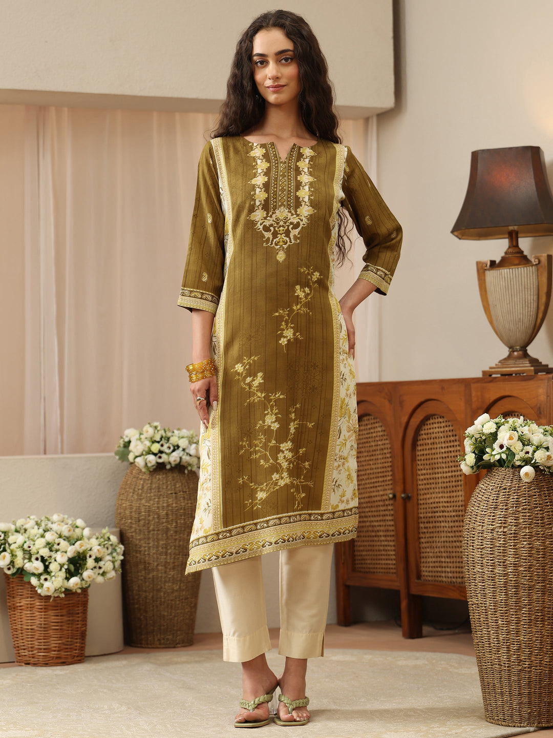 Olive Green Floral Printed cotton Blend Straight Kurta