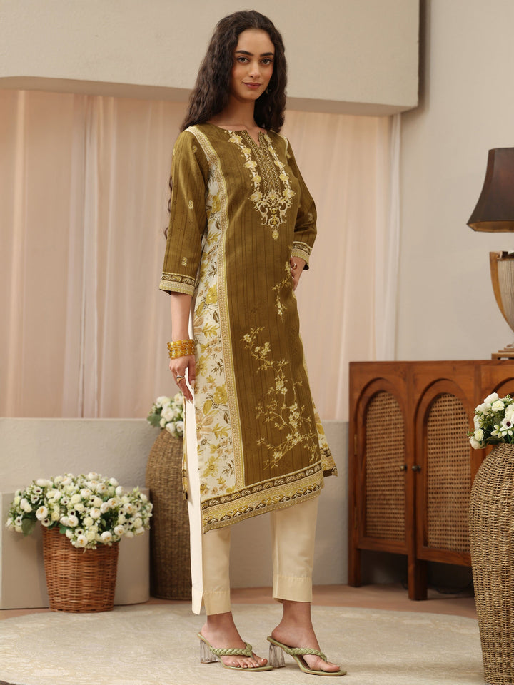 Olive Green Floral Printed cotton Blend Straight Kurta