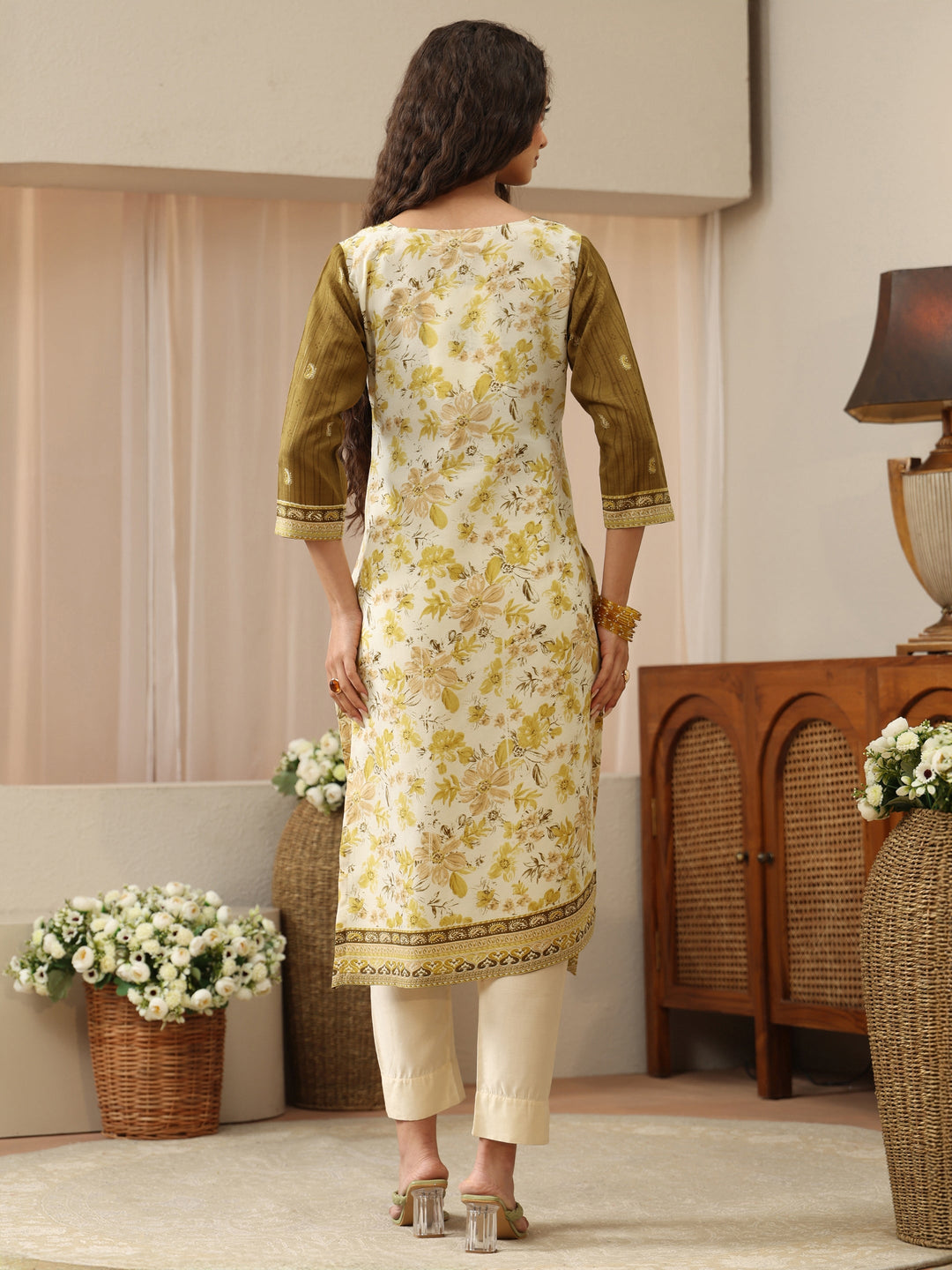 Olive Green Floral Printed cotton Blend Straight Kurta