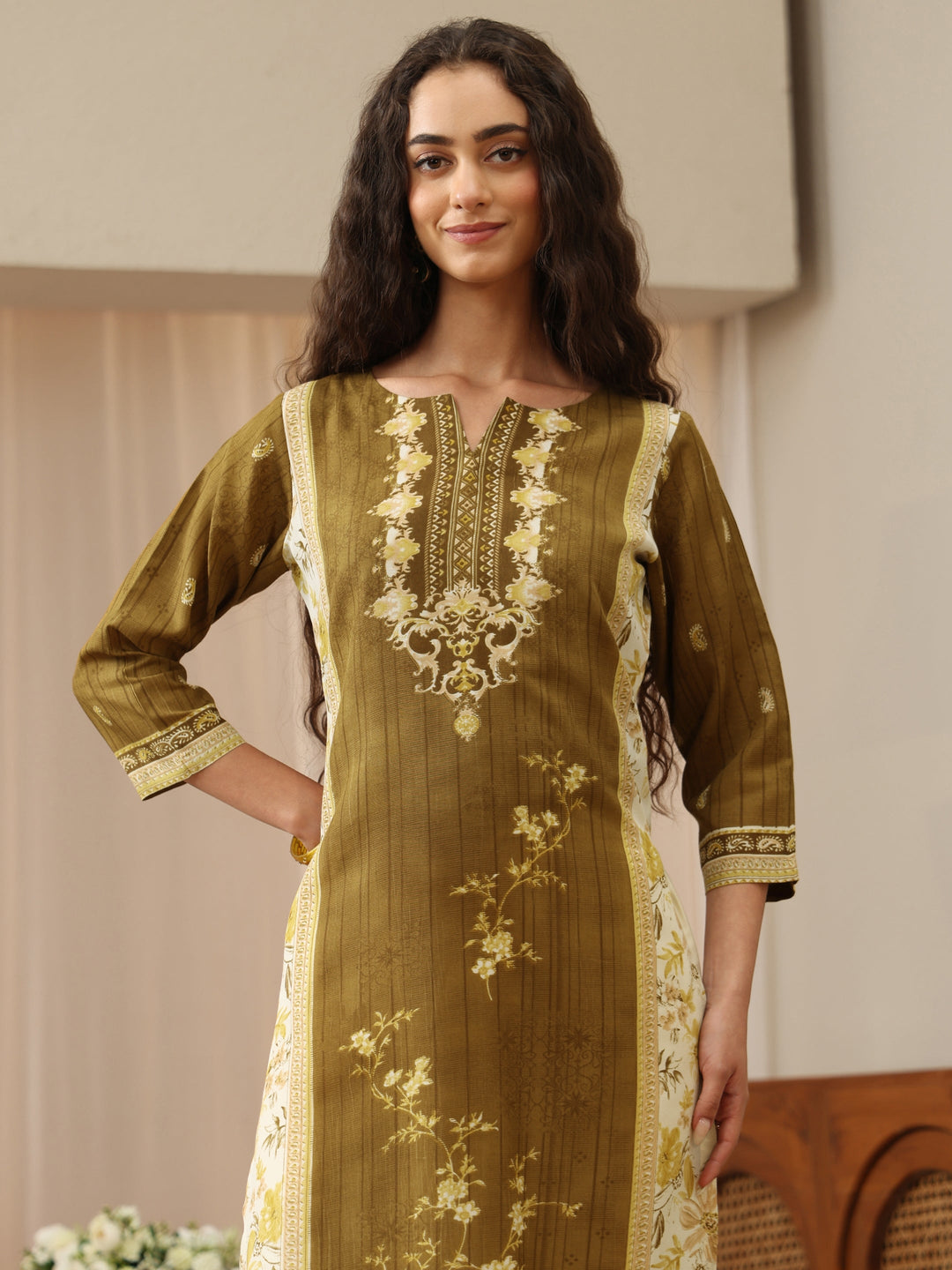 Olive Green Floral Printed cotton Blend Straight Kurta