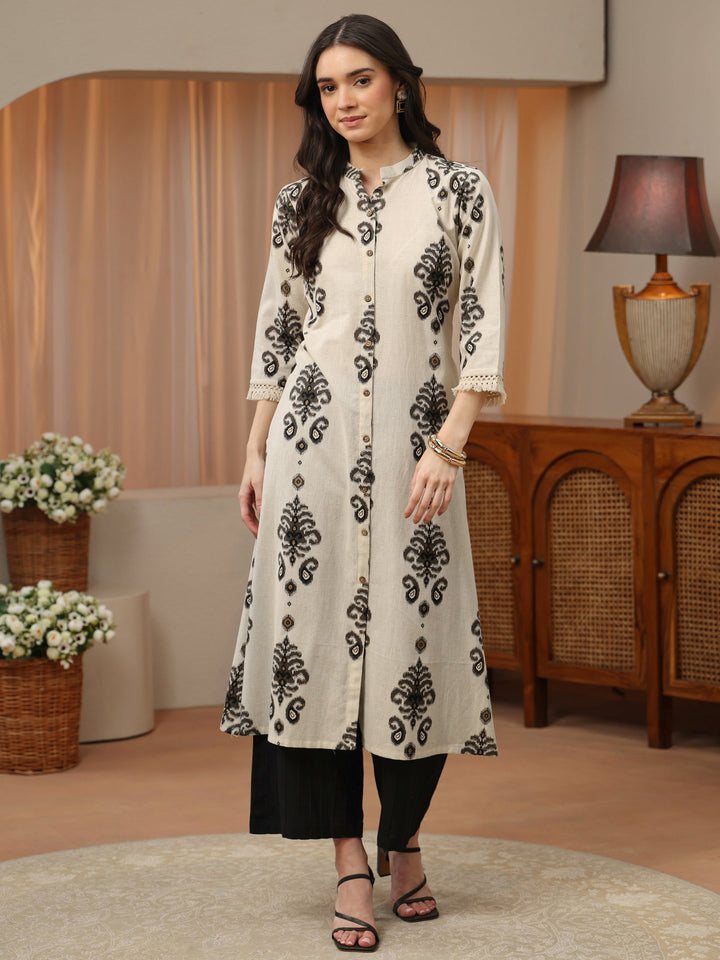 Ivory and Black Ikat Print Cotton Straight Kurta