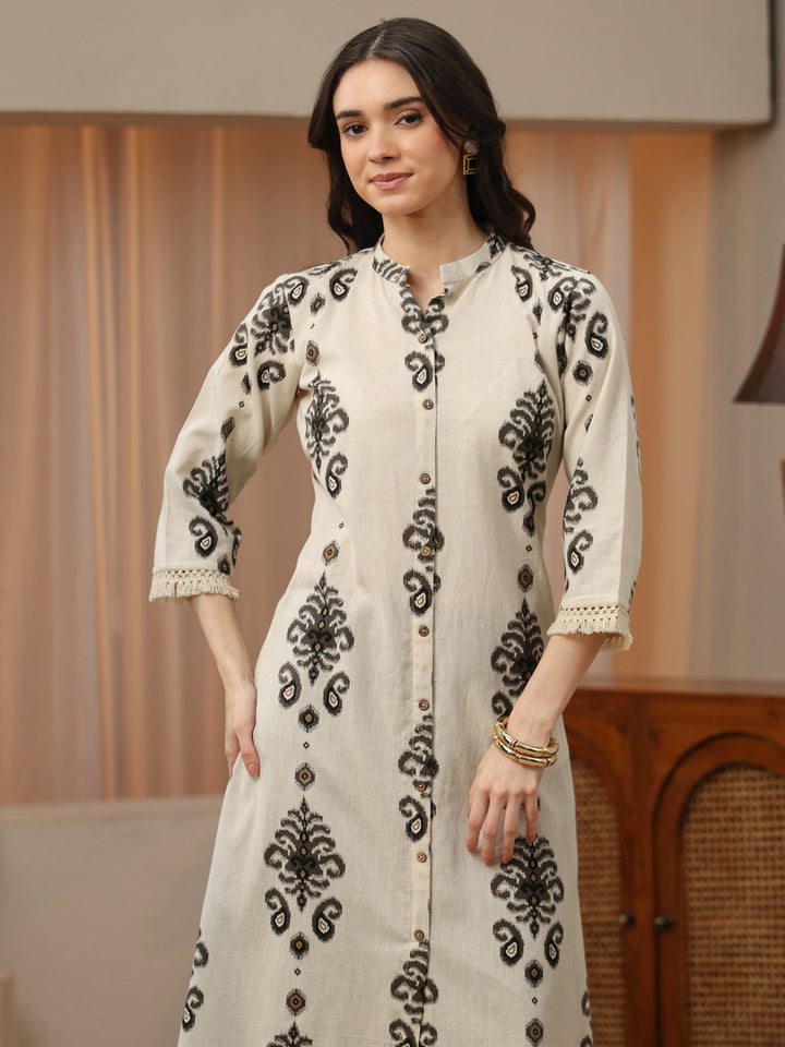 Ivory and Black Ikat Print Cotton Straight Kurta