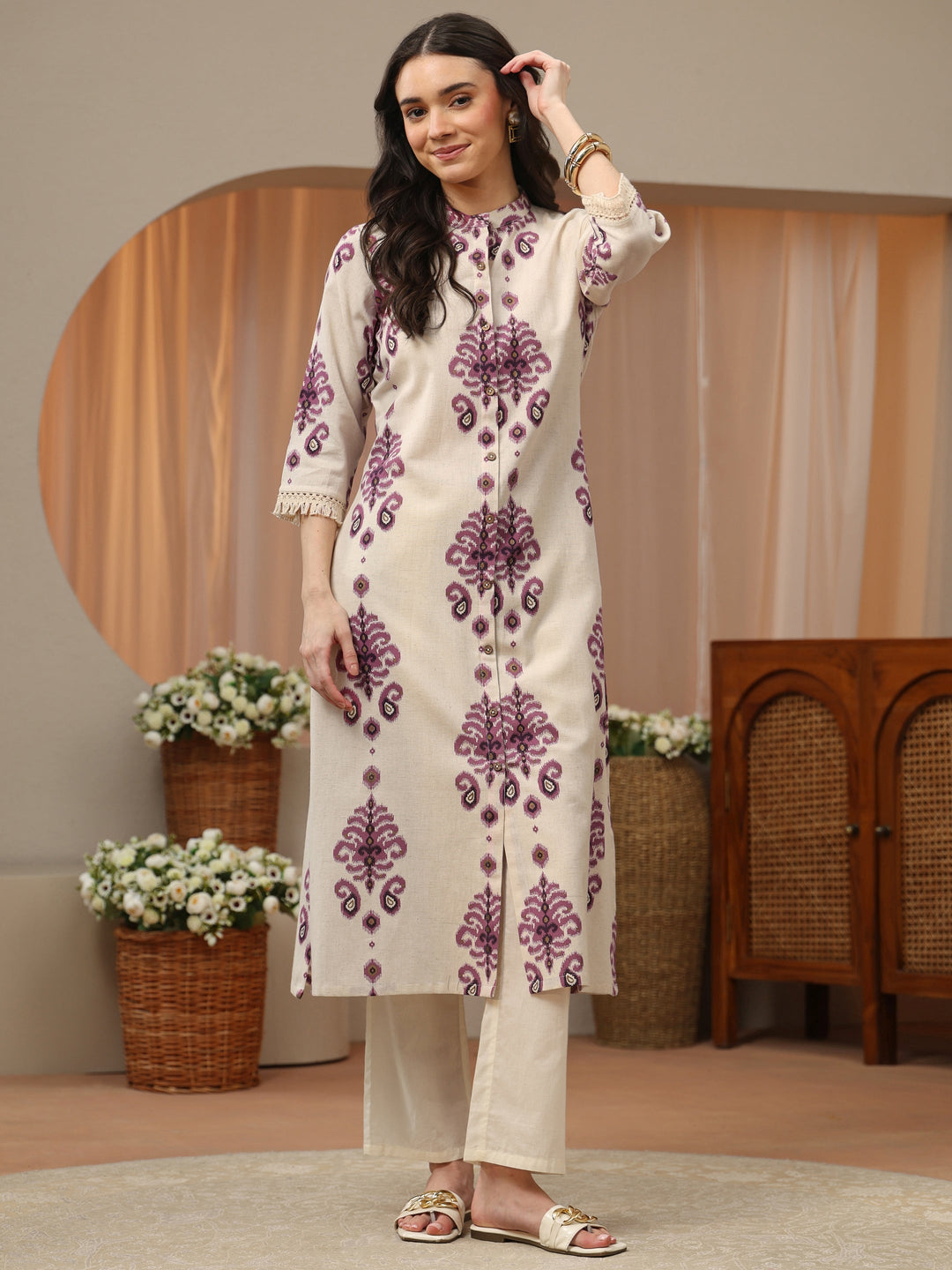 Ivory and Purple Ikat Print Cotton Straight Kurta