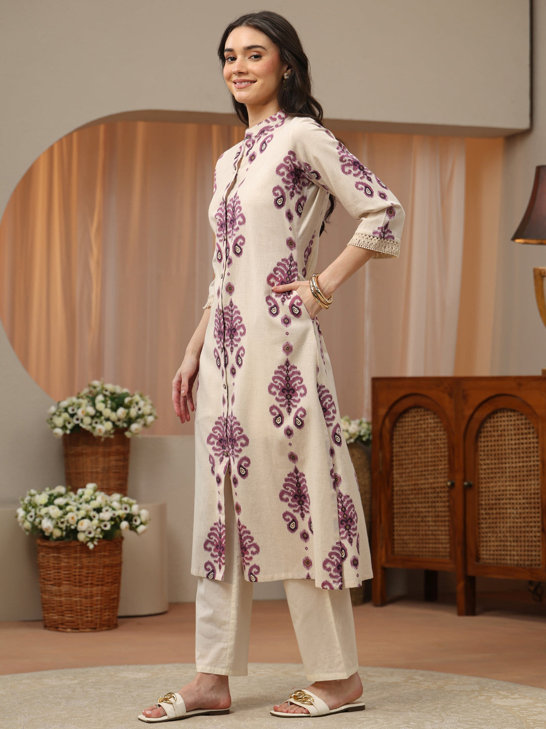 Ivory and Purple Ikat Print Cotton Straight Kurta