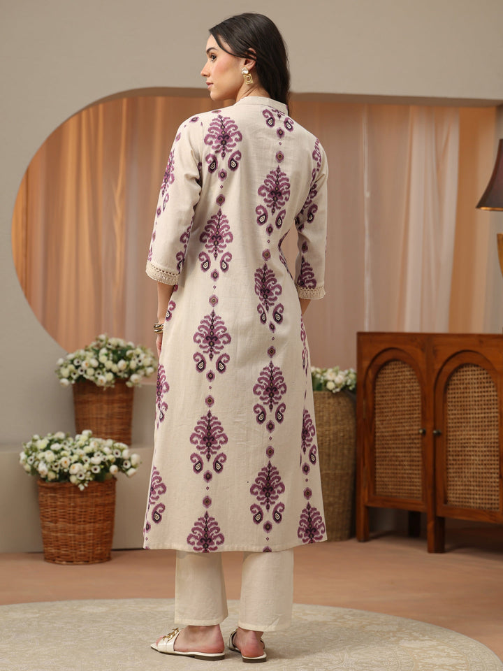 Ivory and Purple Ikat Print Cotton Straight Kurta