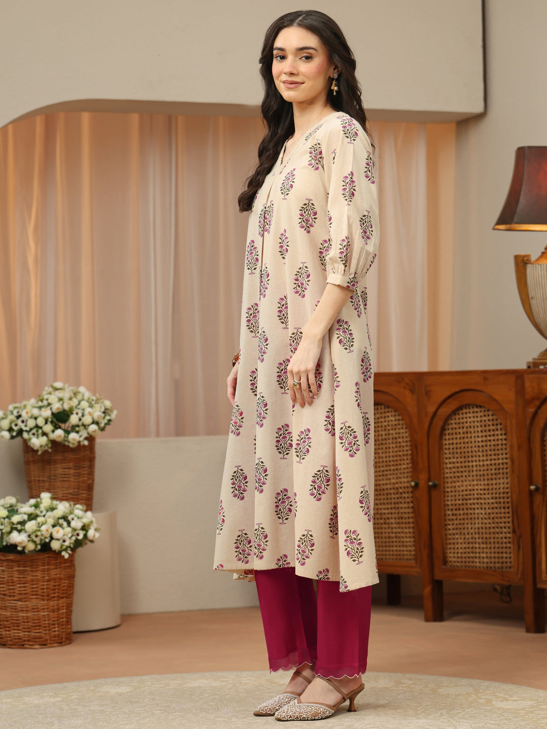 Ivory Floral Printed Cotton A-Line Kurta