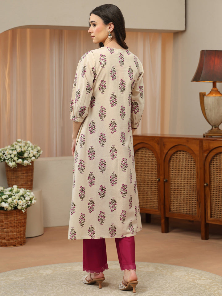 Ivory Floral Printed Cotton A-Line Kurta