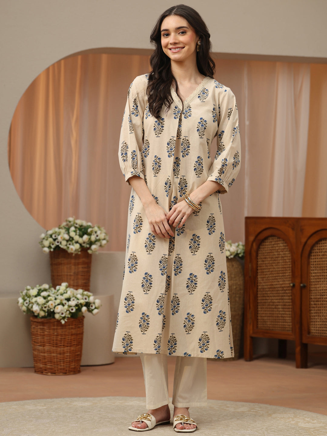 Ivory Floral Printed Cotton A-Line Kurta