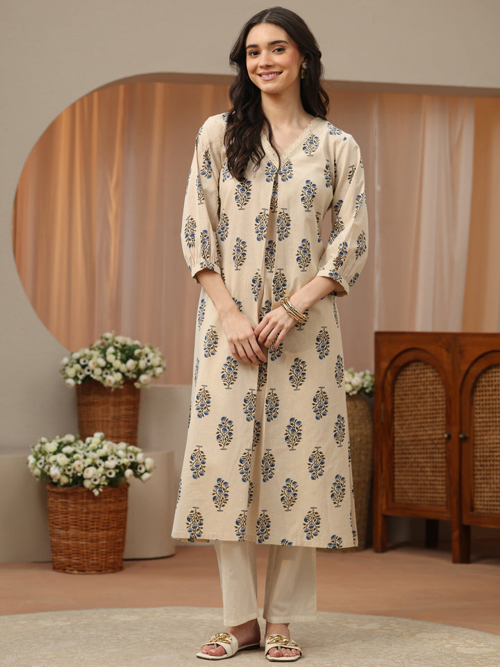 Ivory Floral Printed Cotton A-Line Kurta