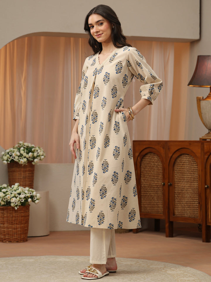 Ivory Floral Printed Cotton A-Line Kurta