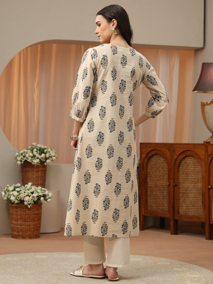 Ivory Floral Printed Cotton A-Line Kurta