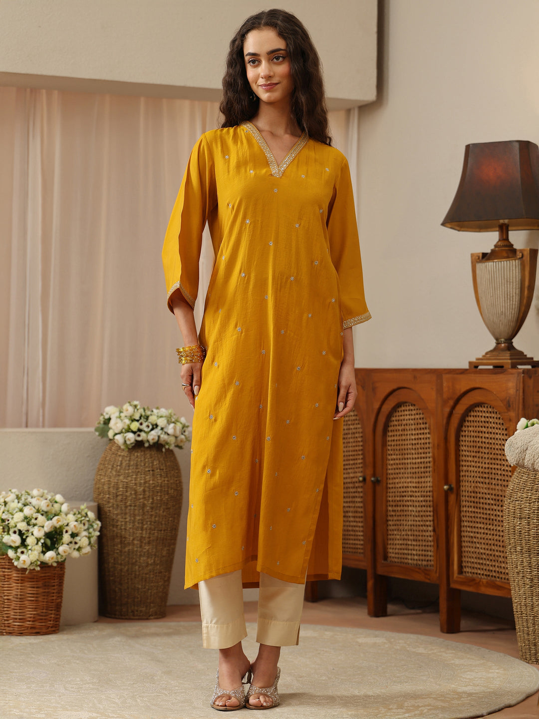 Ochre Yellow Embroidered Silk Blend Straight Kurta
