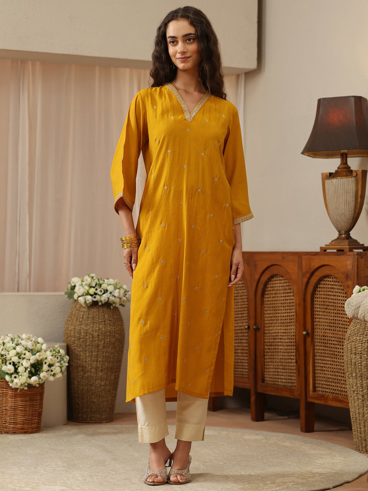 Ochre Yellow Embroidered Silk Blend Straight Kurta
