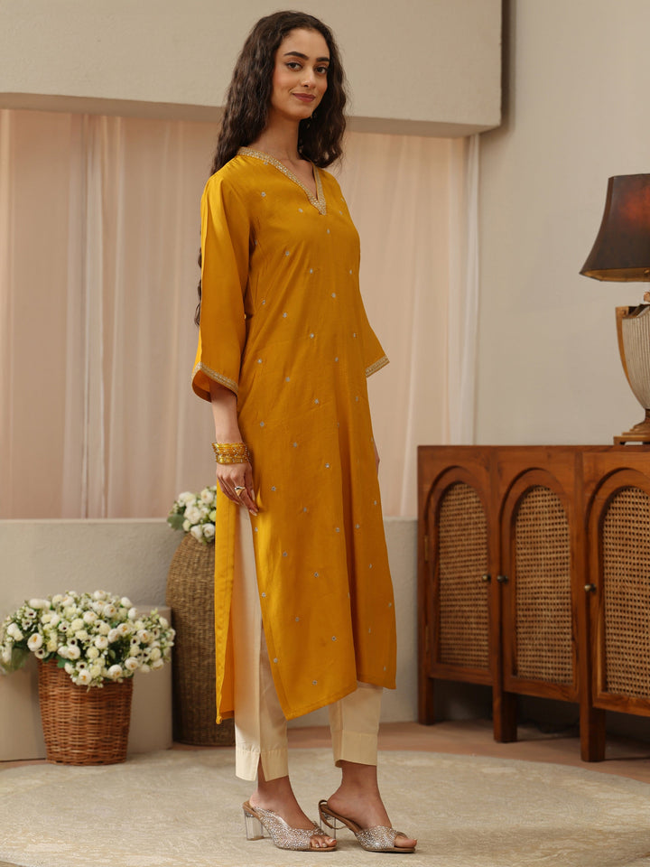 Ochre Yellow Embroidered Silk Blend Straight Kurta