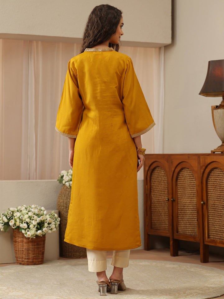 Ochre Yellow Embroidered Silk Blend Straight Kurta