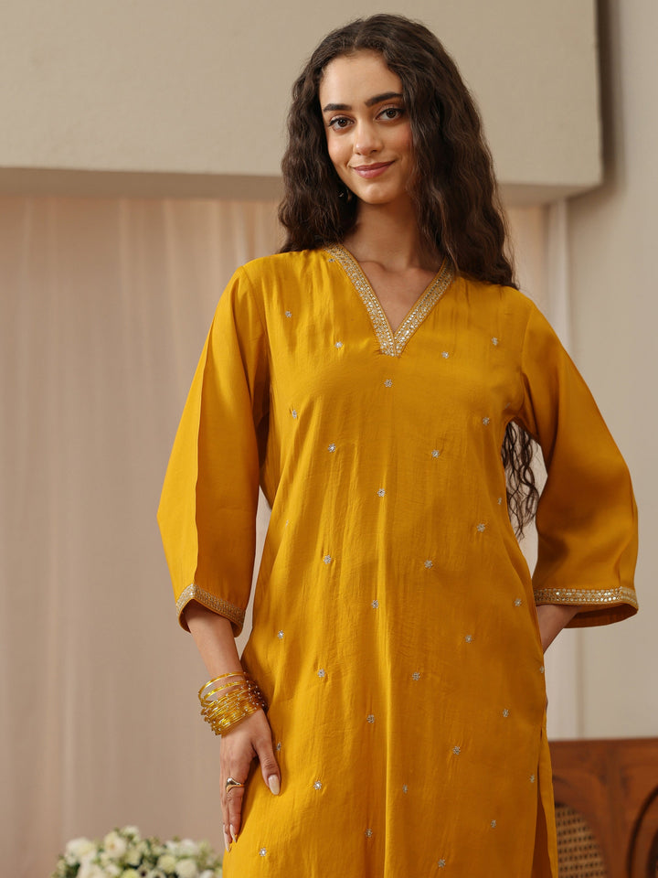 Ochre Yellow Embroidered Silk Blend Straight Kurta